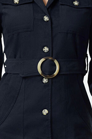 Moda Stil Regular Ceket Yaka Mini Boy Bağlama Detaylı Dokuma Elbise