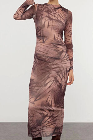 Moda Stil Slim Dik Yaka Maxi Boy Soyut Bodycone Büzgü Drape Örme Elbise