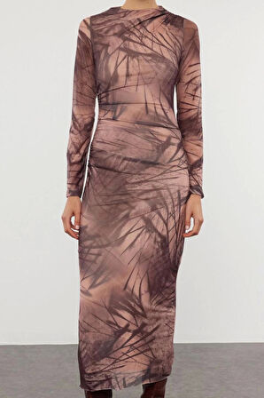 Moda Stil Slim Dik Yaka Maxi Boy Soyut Bodycone Büzgü Drape Örme Elbise