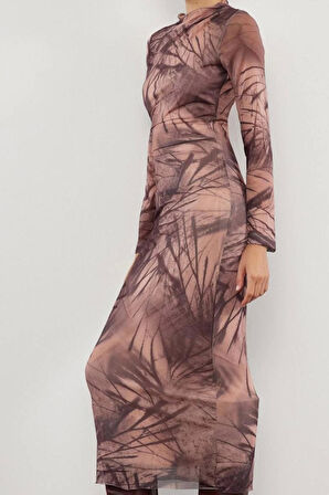 Moda Stil Slim Dik Yaka Maxi Boy Soyut Bodycone Büzgü Drape Örme Elbise