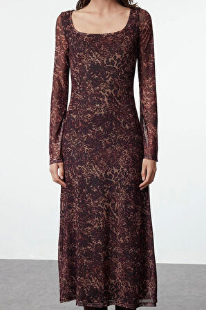 Moda Stil Slim Kare Yaka Maxi Boy Leopar Desenli Bodycone Vücuda Oturan Örme Elbise