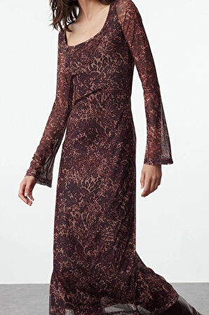 Moda Stil Slim Kare Yaka Maxi Boy Leopar Desenli Bodycone Vücuda Oturan Örme Elbise
