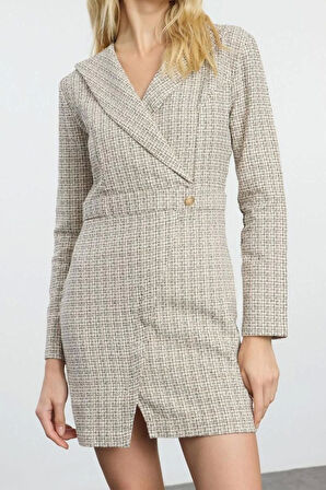 Moda Stil Regular Ceket Yaka Mini Boy Ekose Kareli Dokuma Elbise