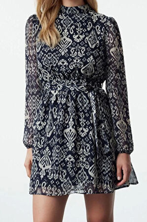 Moda Stil Regular Dik Yaka Mini Boy Etnik Dokuma Kışlık Elbise