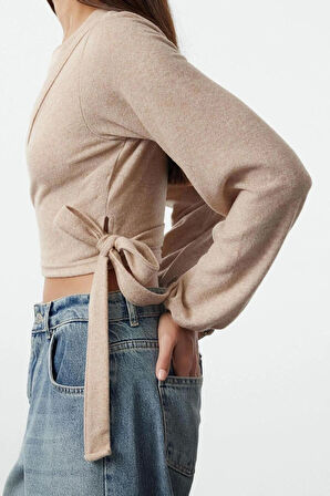 Stil Kadın Yumoş Bağlama Detaylı Kollu Bluz Regular Örme Slim Kalıp İspanyol Kol