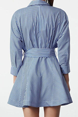 Moda Stil Regular Gömlek Yaka Mini Boy Kuşaklı Çizgili Dokuma Gömlek Elbise
