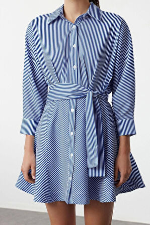 Moda Stil Regular Gömlek Yaka Mini Boy Kuşaklı Çizgili Dokuma Gömlek Elbise