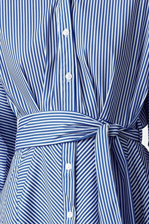 Moda Stil Regular Gömlek Yaka Mini Boy Kuşaklı Çizgili Dokuma Gömlek Elbise