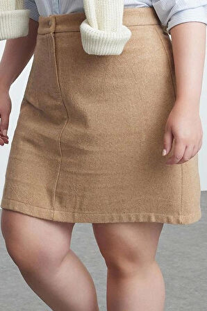 Modern Tarz Büyük Beden Astarsız Dokuma Mini Boy Düğmeli Fermuarlı Mini Dokuma Kaşe Kalın Etek