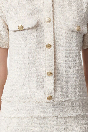 Moda Stil Regular Bisiklet Yaka Mini Boy A Kesim Düğme Detaylı Tüvit Dokuma Elbise