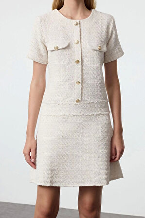 Moda Stil Regular Bisiklet Yaka Mini Boy A Kesim Düğme Detaylı Tüvit Dokuma Elbise