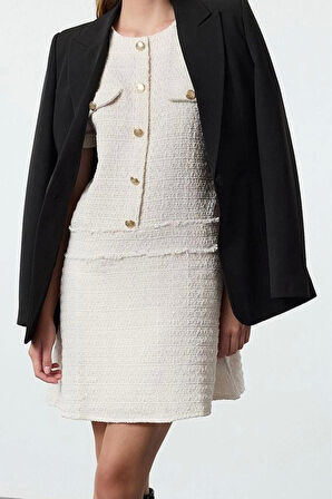 Moda Stil Regular Bisiklet Yaka Mini Boy A Kesim Düğme Detaylı Tüvit Dokuma Elbise