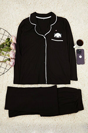 Tarz Rahat Büyük Beden Uzun Kollu Geniş Paça Panda Baskılı Örme Pijama Takımı