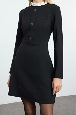 Moda Stil Regular Dik Yaka Mini Boy A Kesim Düğme Detaylı Dokuma Elbise