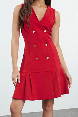 Moda Stil Regular Ceket Yaka Mini Boy Pilise Detaylı Dokuma Ceket Elbise