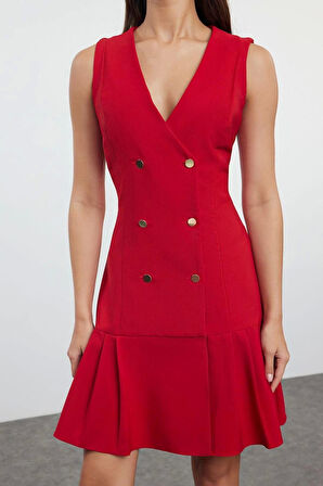 Moda Stil Regular Ceket Yaka Mini Boy Pilise Detaylı Dokuma Ceket Elbise