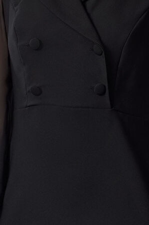Moda Stil Regular Ceket Yaka Midi Boy Vücudu Saran Şifon Kol Detaylı Dokuma Elbise