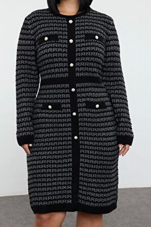 Moda Stil Fitted Bisiklet Yaka Mini Boy Büyük Beden Desenli Düğmeli Triko Elbise