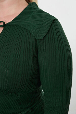 Moda Stil Fitted Gömlek Yaka Midi Boy Büyük Beden Fitilli Kruvaze Triko Elbise