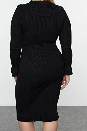 Moda Stil Fitted Gömlek Yaka Midi Boy Büyük Beden Fitilli Kruvaze Triko Elbise