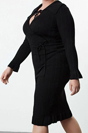 Moda Stil Fitted Gömlek Yaka Midi Boy Büyük Beden Fitilli Kruvaze Triko Elbise