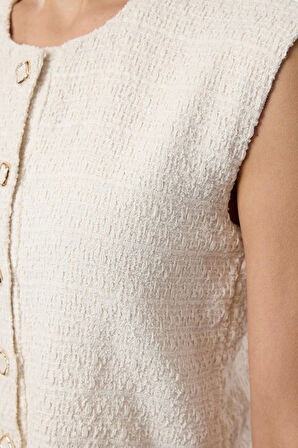 Moda Stil Regular Bisiklet Yaka Midi Boy Düğme Detaylı Dokuma Tüvit Ceket Elbise