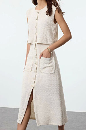 Moda Stil Regular Bisiklet Yaka Midi Boy Düğme Detaylı Dokuma Tüvit Ceket Elbise