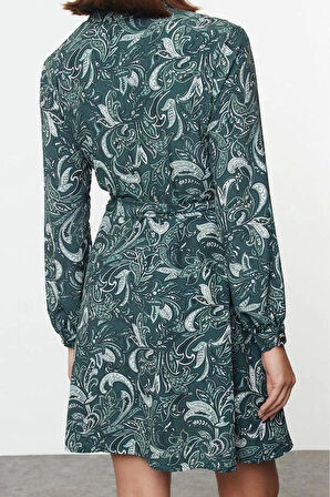 Moda Stil Regular Gömlek Yaka Mini Boy Kuşaklı Şal Desen Astarlı Dokuma Gömlek Elbise