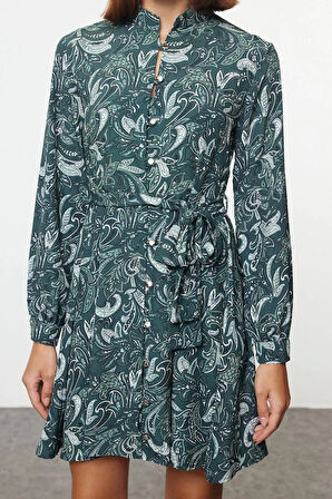 Moda Stil Regular Gömlek Yaka Mini Boy Kuşaklı Şal Desen Astarlı Dokuma Gömlek Elbise