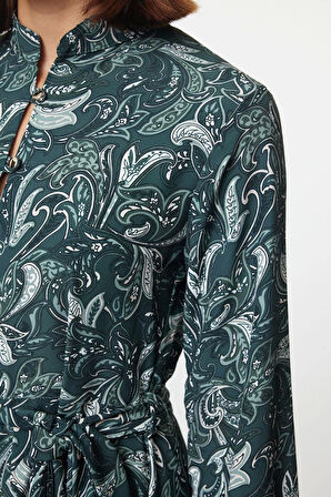 Moda Stil Regular Gömlek Yaka Mini Boy Kuşaklı Şal Desen Astarlı Dokuma Gömlek Elbise