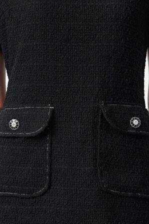 Moda Stil Regular Bisiklet Yaka Mini Boy A Kesim Cep Detaylı Dokuma Elbise