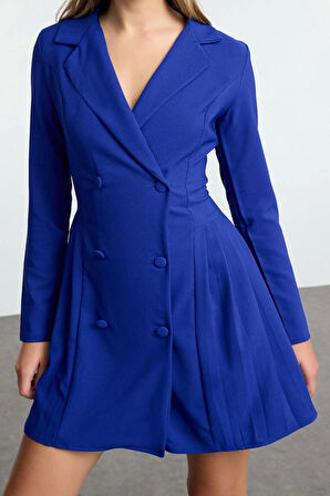 Moda Stil Regular Ceket Yaka Mini Boy Piliseli Dokuma Ceket Elbise