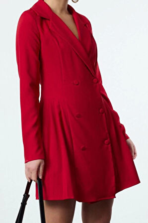 Moda Stil Regular Ceket Yaka Mini Boy Piliseli Dokuma Ceket Elbise