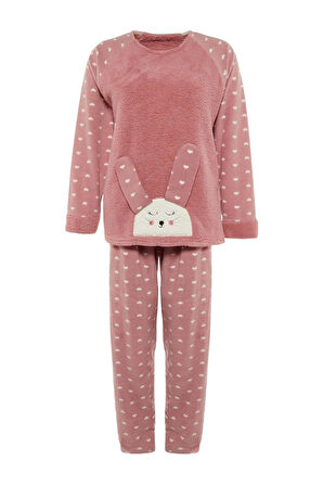 Tarz Rahat Büyük Beden Uzun Kollu Dar Paça Kalpli Polar Örme Pijama Takımı