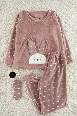 Tarz Rahat Uzun Kollu Boru Paça 3lü Kalpli Uyku Bantlı Polar Kışlık Örme Pijama Takımı