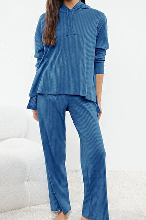 Tarz Rahat Uzun Kollu Boru Paça Fitilli Pamuklu Örme Pijama Takımı