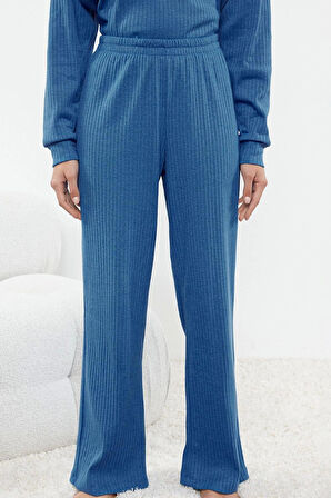 Tarz Rahat Uzun Kollu Boru Paça Fitilli Pamuklu Örme Pijama Takımı