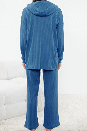 Tarz Rahat Uzun Kollu Boru Paça Fitilli Pamuklu Örme Pijama Takımı