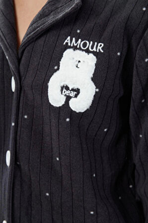 Tarz Rahat Uzun Kollu Boru Paça Puantiyeli Hayvan Baskılı Polar Kışlık Örme Pijama Takımı