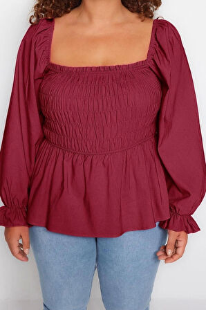 Stil Kadın Gipeli Bluz Crop Dokuma Fitted Kalıp Büyük Beden Büzgülü/Fırfırlı Kol