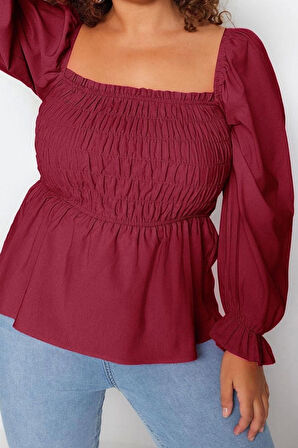 Stil Kadın Gipeli Bluz Crop Dokuma Fitted Kalıp Büyük Beden Büzgülü/Fırfırlı Kol