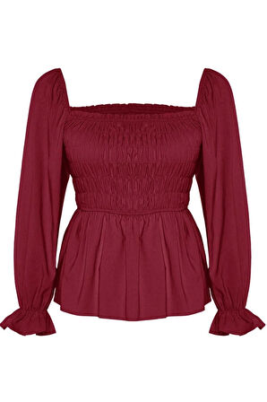 Stil Kadın Gipeli Bluz Crop Dokuma Fitted Kalıp Büyük Beden Büzgülü/Fırfırlı Kol