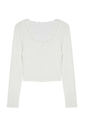 Moda Havuz Yaka Örme Slim Düz Desen Casual Günlük Crop Uzun Kol Bluz