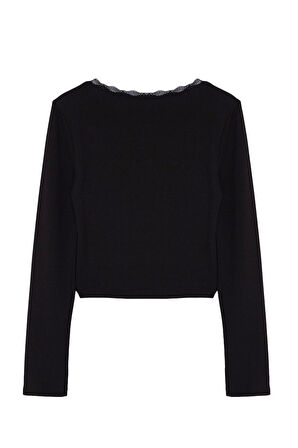 Moda Havuz Yaka Örme Slim Düz Desen Casual Günlük Crop Uzun Kol Bluz