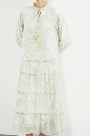 Moda Stil Regular Hakim Yaka Maxi Boy Tesettür Dokuma Şifon Çiçek Desenli Elbise