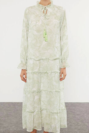 Moda Stil Regular Hakim Yaka Maxi Boy Tesettür Dokuma Şifon Çiçek Desenli Elbise