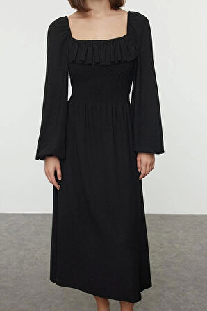Moda Stil Slim Kare Yaka Midi Boy Büzgü Drape Detaylı Uzun Kollu Bürümcük Dokulu Kumaş Örme Elbise