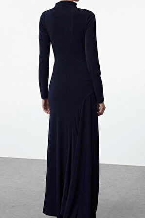 Moda Stil Slim Dik Yaka Maxi Boy Fitted Vücuda Oturan Uzun Kollu Esnek Örme Elbise