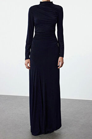 Moda Stil Slim Dik Yaka Maxi Boy Fitted Vücuda Oturan Uzun Kollu Esnek Örme Elbise