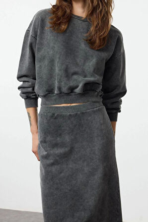 Tarz Kadın Modern Normal Bel Boru Paça Yıkamalı Regular Normal Kalıp Midi Örme Alt-Üst Takım